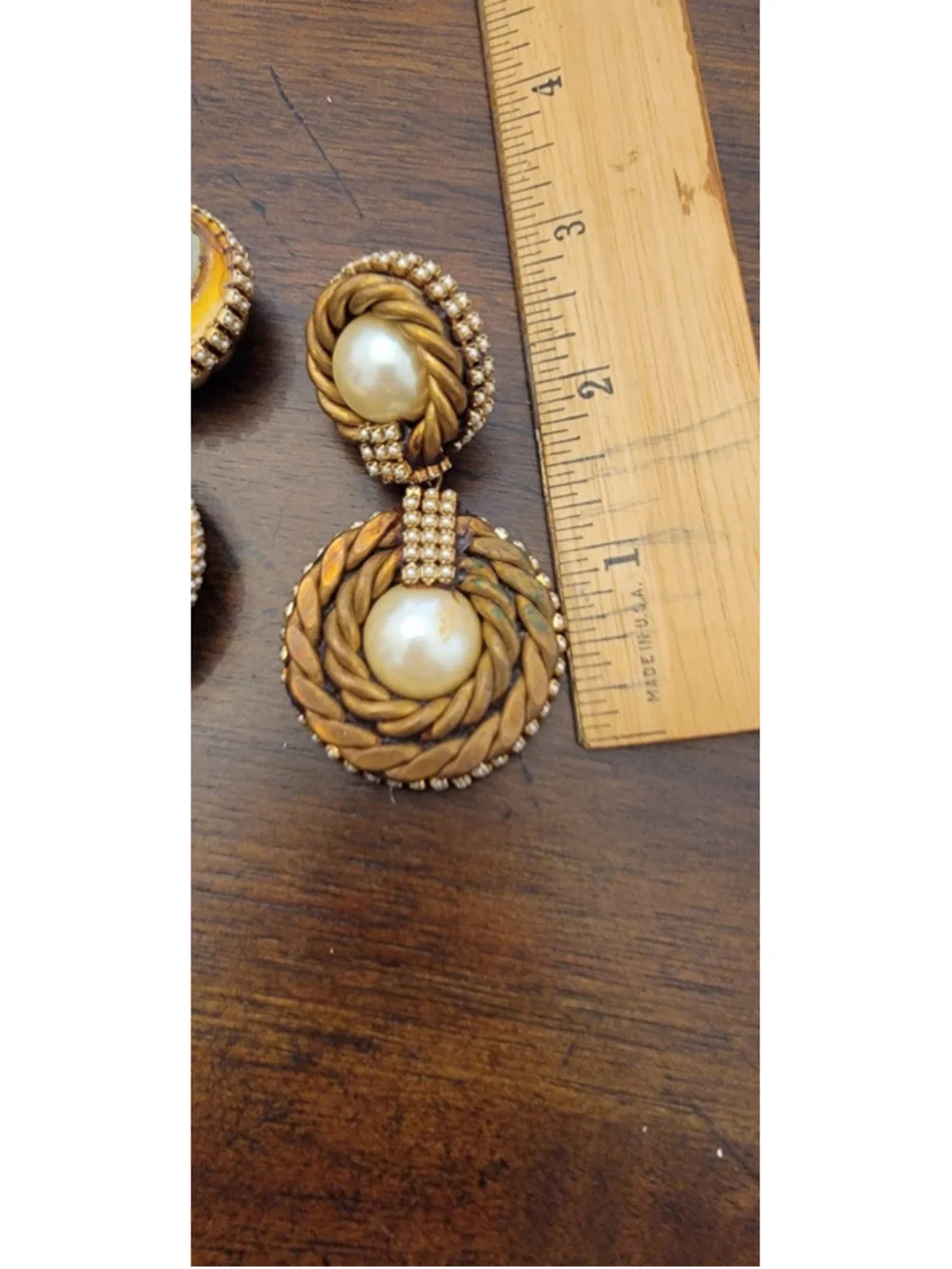 Vintage Faux Pearl Rhinestone Rope Swirl Clip On Statement Earrings Gold Tone